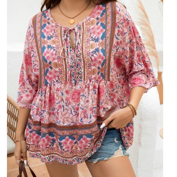 Plus Colorful Floral Print Neck Tie 3/4 Sleeve Blouse - Picture 1 of 11